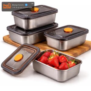Kit 4 Potes Herméticos de Aço Inox 500ml com Tampa, Recipientes para Armazenar Alimentos, Marmita Inox, Potes para Geladeira e Cozinha, Vedação Segura - Imagem 1