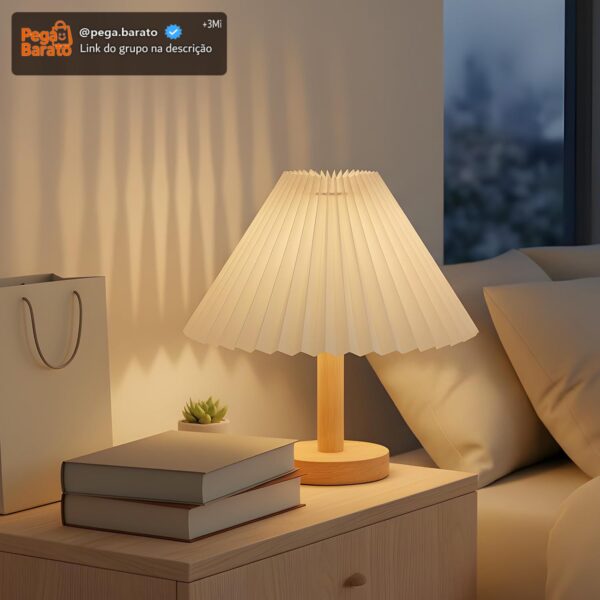 Luminária de Mesa para Quarto, Base de Madeira com Abajur Plissado, Lâmpada de Mesa LED Luz Noturna para Escritório, Sala, Quarto Infantil