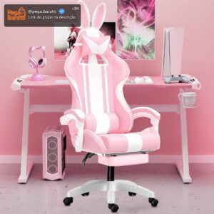 Cadeira gamer fofa com orelhas de coelho, com apoio de pés e apoio de cabeça (Rosa) - Imagem 1