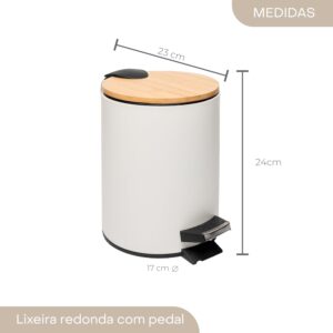 LYOR - Lixeira Redonda De Metal Com Pedal e Tampa Em Bambu Branca 3L - Imagem 5