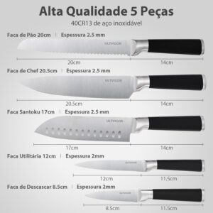 Conjunto de Facas 5 Peças, 4CR13 Aço Inoxidável Afiado e Durável, Cabo antiderrapante, Corte Preciso para Cozinhas Domésticas, Inclui Faca de Chef, Santoku, Preto - Imagem 3