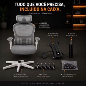 Cadeira de Escritório Suporte Lombar Ergonômico Malha Respirável Mesh Apoio Cabeça Confortavél Art Cadeiras Presidente Premium (Cinza e Branco) - Imagem 4