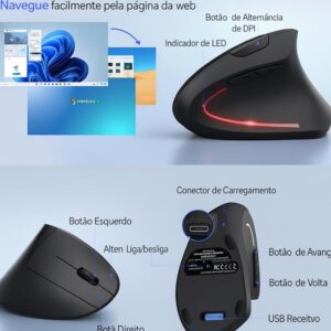 Mouse Vertical Ergonômico, Sem Fio, 1600 DPI, Mouse Ortopédico Bluetooth 2.4G, 6 Botões, Posição da Mão Correta, Evita Inflamações no Pulso e Tendões, Trabalho, Jogos e Estudos, Recarregável USB - Imagem 4