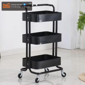 Carrinho Organizador Multiuso 3 Prateleiras Com Rodinhas 360° (Preto) - Imagem 1