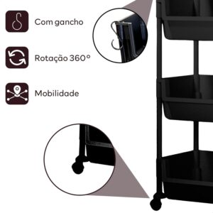 Carrinho Organizador Multiuso 3 Prateleiras com Rodinhas para Cozinha Banheiro Salão Manicure Cabeleireiro (Preto) - Imagem 6