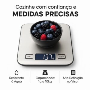 Balança de Cozinha Digital Premium em Inox Resistente à Água Portátil Base Antiderrapante Visor de Alta Definição Pesagem Precisa de 1g a 10kg Durável Moderna e Ideal para Alimentos Frescos - Imagem 5
