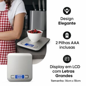 Balança de Cozinha Digital Premium em Inox Resistente à Água Portátil Base Antiderrapante Visor de Alta Definição Pesagem Precisa de 1g a 10kg Durável Moderna e Ideal para Alimentos Frescos - Imagem 4