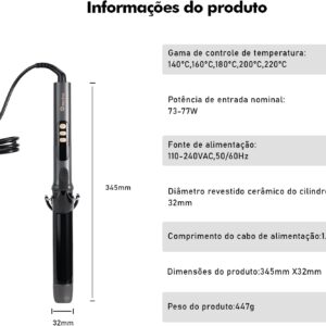 Modelador de Cachos 32mm com Revestimento Cerâmico, Controle Digital de Temperatura 140–220 °C, Aquecimento Rápido, Cabo Giratório 360°, Bivolt 110–240 V - Imagem 9