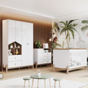 Quarto de Bebê Completo com Berço Cômoda e Guarda-roupa Henn Ternura Branco e Jequitibá - Imagem 2