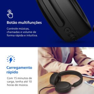 PHILIPS, Headphone Bluetooth, TAH2300BK/00, Com Microfone, Até 55 horas de bateria, Design Over-ear, Dobrável, Preto - Imagem 5