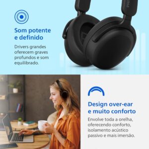 PHILIPS, Headphone Bluetooth, TAH2300BK/00, Com Microfone, Até 55 horas de bateria, Design Over-ear, Dobrável, Preto - Imagem 6