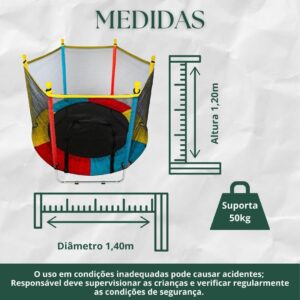 Cama Elástica Infantil com Rede de Proteção, diâmetro 140cm X altura 120cm, Colorida, pula pula para Interior e Exterior ELORIA - Imagem 3