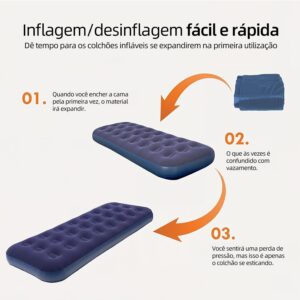 Colchão Inflável Solteiro Azul 186x76x22cm, Colchão de Ar em PVC com Revestimento de Flanela, Colchonete Inflável com Estrutura Honeycomb - Imagem 3
