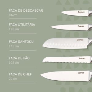 DOMEZ Jogo de Facas Cozinha 5 peças de Aço com Fio que Dura Mais, Design Ergonômico, Inclui Faca Chef, Pão, Descascar, Santoku, Churrasco Ergonômica Amolada Resistente à Ferrugem - Imagem 3