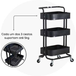 Carrinho Organizador Multiuso 3 Prateleiras Com Rodinhas 360° (Preto) - Imagem 5