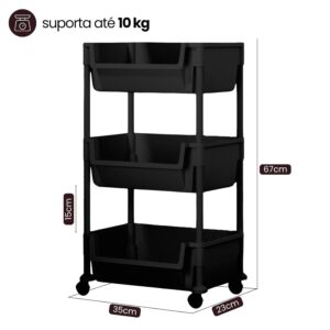 Carrinho Organizador Multiuso 3 Prateleiras com Rodinhas para Cozinha Banheiro Salão Manicure Cabeleireiro (Preto) - Imagem 3