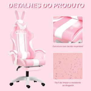 Cadeira gamer fofa com orelhas de coelho, com apoio de pés e apoio de cabeça (Rosa) - Imagem 5