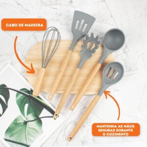 Utensilios Para Cozinha Silicone Kit 19 Peças Cabo Madeira Conjunto Completo Espátula Concha Colher Jogo Suporte Faca Antiaderente Tabua Tesoura Faqueiro PREMIUM (Cinza) - Imagem 5