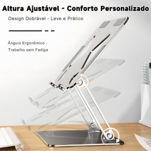 Suporte para Notebook em Aço Carbono - Apoio Ajustável e Ventilado para MacBook e Laptops até 17.3" (10KG) - Apoiador de Notebook Ergonômico, Ideal para Home Office e Estudos (Prata) - Imagem 5