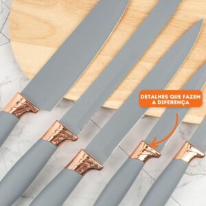 Utensilios Para Cozinha Silicone Kit 19 Peças Cabo Madeira Conjunto Completo Espátula Concha Colher Jogo Suporte Faca Antiaderente Tabua Tesoura Faqueiro PREMIUM (Cinza) - Imagem 7