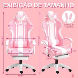 Cadeira gamer fofa com orelhas de coelho, com apoio de pés e apoio de cabeça (Rosa) - Imagem 2