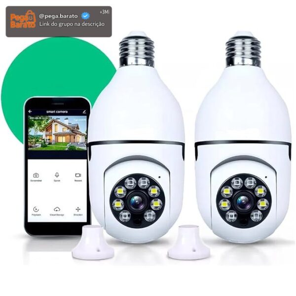 Kit 2 Câmera Segurança IP Lâmpada WiFi Inteligente Vigilancia Full HD 1080p Visão Noturna Infravermelho 1080P, Bivolt, Detecção de Movimento, Áudio Bidirecional, Prova D'água Giratória 360°