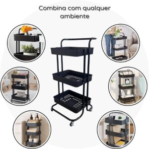Carrinho Organizador Multiuso 3 Prateleiras Com Rodinhas 360° (Preto) - Imagem 8