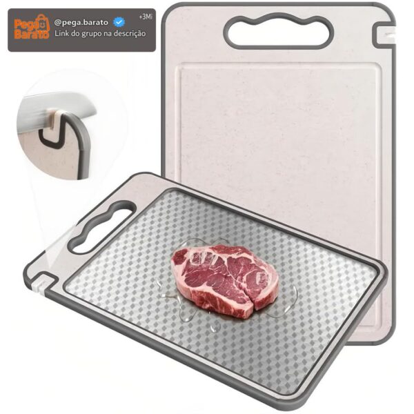 Tábua de Corte Inox Dupla Face com Afiador Integrado Antibacteriana Antiderrapante e Fácil de Limpar Ideal para Carnes, Frutas, Legumes e Churrasco