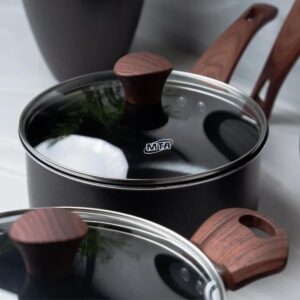 Conjunto de Panelas Vanilla Cerâmica 5 Peças – Antiaderente Cerâmico | 18cm, 20cm, Caçarola 22cm, Frigideiras 22cm e 24cm | Tampas de Vidro, Cabos Antitérmicos (VANILLA BLACK) - Imagem 4