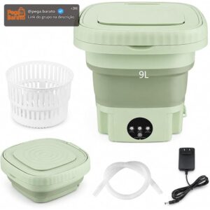 Mini Máquina de Lavar Roupa Portátil Dobrável 9L com Cesto de Centrifugação, 3 Modos, Lavagem Semiautomática para Roupas Íntimas e Delicadas, Bivolt, Verde - Imagem 1