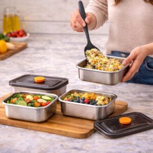 Kit 4 Potes Herméticos de Aço Inox 500ml com Tampa, Recipientes para Armazenar Alimentos, Marmita Inox, Potes para Geladeira e Cozinha, Vedação Segura - Imagem 2
