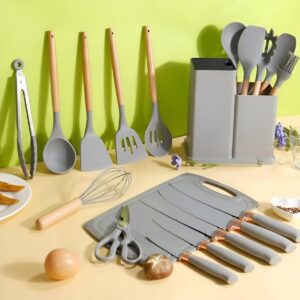 Utensilios Para Cozinha Silicone Kit 19 Peças Cabo Madeira Conjunto Completo Espátula Concha Colher Jogo Suporte Faca Antiaderente Tabua Tesoura Faqueiro PREMIUM (Cinza) - Imagem 2
