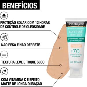Protetor Solar Facial Para Pele Oleosa Neutrogena Sun Fresh Derm Care Pele Clara FPS 70, 40g - Imagem 5