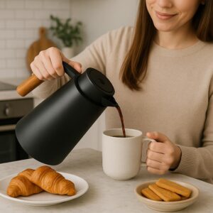 Garrafa Térmica 1L Premium – Design Elegante em Preto com Cabo de Madeira | Ideal para Café, Chá e Bebidas Quentes | Mesa Posta Sofisticada - Imagem 2