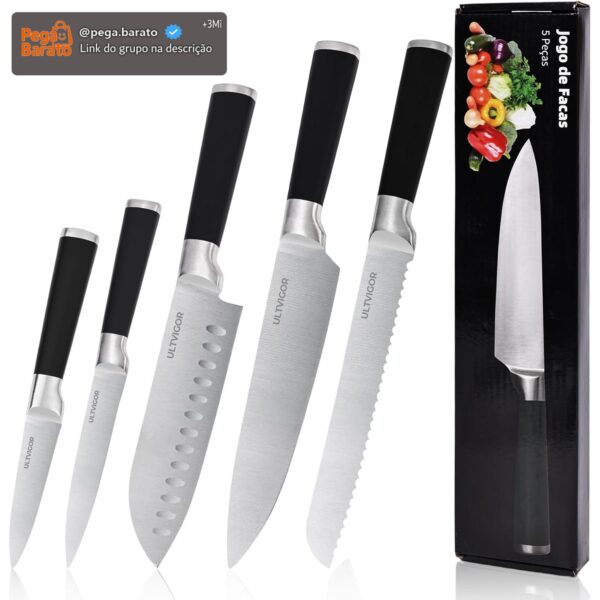 Conjunto de Facas 5 Peças, 4CR13 Aço Inoxidável Afiado e Durável, Cabo antiderrapante, Corte Preciso para Cozinhas Domésticas, Inclui Faca de Chef, Santoku, Preto