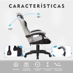 Cadeira Gamer Python Fly em tecido, respirável e ecológica, ângulo ajustável (Cinza Claro) - Imagem 6