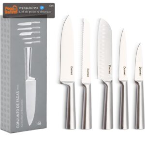 DOMEZ Jogo de Facas Cozinha 5 peças de Aço com Fio que Dura Mais, Design Ergonômico, Inclui Faca Chef, Pão, Descascar, Santoku, Churrasco Ergonômica Amolada Resistente à Ferrugem - Imagem 1