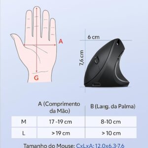 Mouse Vertical Ergonômico, Sem Fio, 1600 DPI, Mouse Ortopédico Bluetooth 2.4G, 6 Botões, Posição da Mão Correta, Evita Inflamações no Pulso e Tendões, Trabalho, Jogos e Estudos, Recarregável USB - Imagem 6