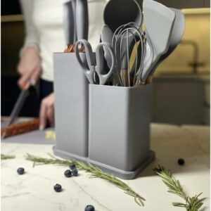 Utensilios Para Cozinha Silicone Kit 19 Peças Cabo Madeira Conjunto Completo Espátula Concha Colher Jogo Suporte Faca Antiaderente Tabua Tesoura Faqueiro PREMIUM (Cinza) - Imagem 6