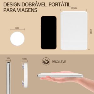 Espelho Maquiagem com LED Portátil e Aumento 10X, Espelho de Mesa Ultra Fino e Dobrável em Couro PU com Toque, 3 Cores de Luz e USB, para Viagem, Maquiagem e Escritório - Imagem 2