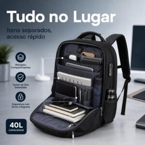 Mochila Masculina Reforçada Executiva Grande Mochila para Notebook Trabalho Viagem Escola com Cabo de Aço Impermeável Antifurto com Saídas USB/Fone de Ouvido Unissex - Imagem 4
