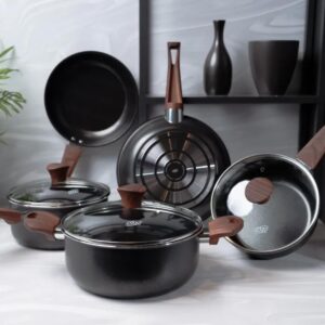 Conjunto de Panelas Vanilla Cerâmica 5 Peças – Antiaderente Cerâmico | 18cm, 20cm, Caçarola 22cm, Frigideiras 22cm e 24cm | Tampas de Vidro, Cabos Antitérmicos (VANILLA BLACK) - Imagem 2