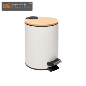 LYOR - Lixeira Redonda De Metal Com Pedal e Tampa Em Bambu Branca 3L - Imagem 1