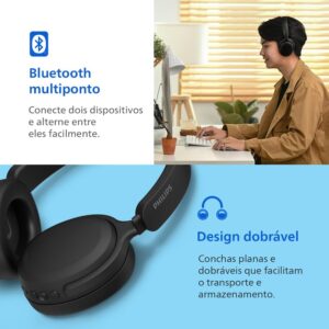 PHILIPS, Headphone Bluetooth, TAH2300BK/00, Com Microfone, Até 55 horas de bateria, Design Over-ear, Dobrável, Preto - Imagem 4