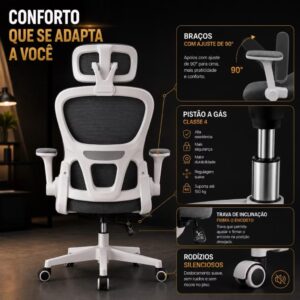 Cadeira de Escritório Suporte Lombar Ergonômico Malha Respirável Mesh Apoio Cabeça Confortavél Art Cadeiras Presidente Premium (Cinza e Branco) - Imagem 8