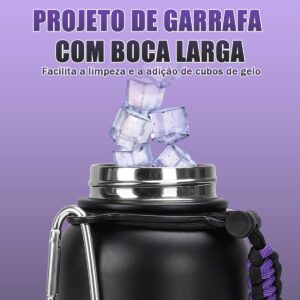 950ml Garrafa Térmica de Aço Inoxidável com Alça Paracord | Base Antiderrapante de Silicone – Mantém a Água Gelada por até 24 Horas Preto Roxo - Imagem 7
