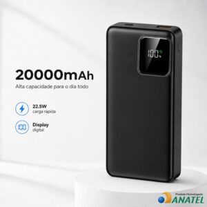 Carregador Portátil Power Bank 20000mAh Turbo 22.5W com Visor LED e Cabos Integrados - Carregamento Ultra Rápido PD, 2 Saída/Entrada USB Tipo-C e Lightning, Compatível com iPhone, Android, Notebook - Imagem 2