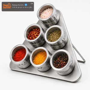 Porta Temperos Magnético Inox 6 Potes Base Triangular Dosador para Cozinha - Imagem 1