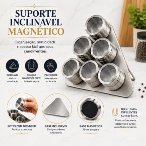 Porta Temperos Magnético Inox 6 Potes Base Triangular Dosador para Cozinha - Imagem 6