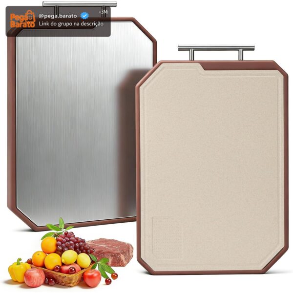 Tabua de Corte Inox Dupla Face em aço Inoxidável e PP, Tamanho Grande 45 * 30 * 2,3 cm, Tábua de Cozinha Antibacteriana, Adequada para Carne, Frutas e Legumes, Proteção Contra Respingos